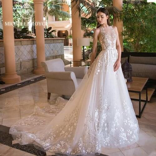 Michelle Royce A-Ling Wedding Dresses 2020 Scoop Appliques Iiiusion Lace Button Chapel Train Wedding Gowns Vestido De Noiva