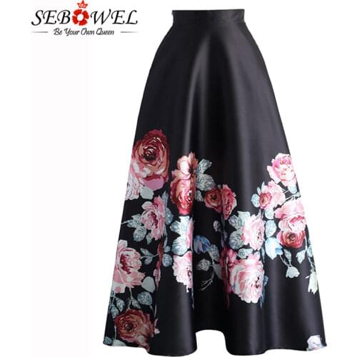 SEBOWEL Vintage Floral Print Long Skirt Women Elegant High Waist Black White Flower Maxi Skirt Casual Off Lady Midi Skirts 2020