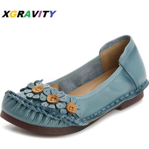 2021 Flower Design Flat Shoes Elegant Cow Genuine Leather Soft Flats Female Womens Casual Round Toe Shoes Ladies Leisure Loafer