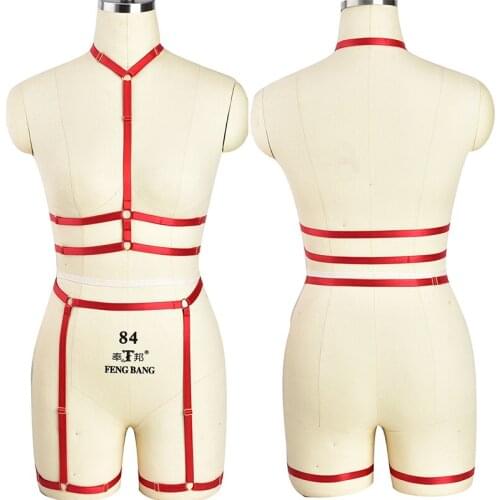 Women Red Body Harness Set Goth Crop Top Harness Bra + Punk Fetish leg garter belt Bustier Bondage Lingerie Set
