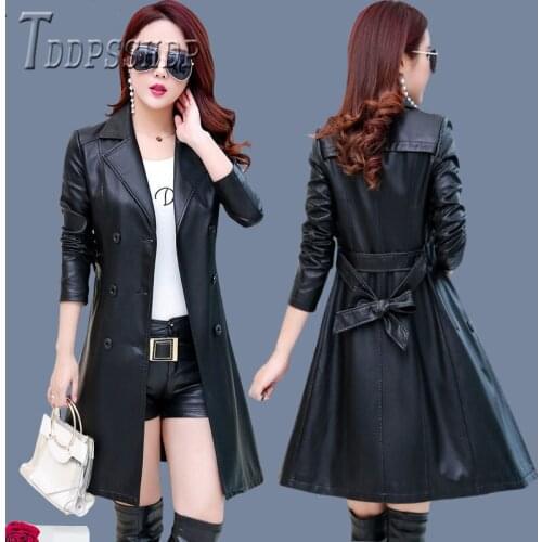 2019 Autumn Pu Leather Women Coat Long Style Waist Strap Female Overcoat