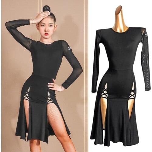 2021 Latin Dance Dress Adult Long Sleeve Dance Clothes Women Split Mesh Practice Dress Samba Salsa Performance Costume VDB3559