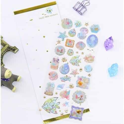 1 Sheet Glitter Tropical Fish and Shells Decorative Adhesive Sticker DIY Craft Notebook Decoration