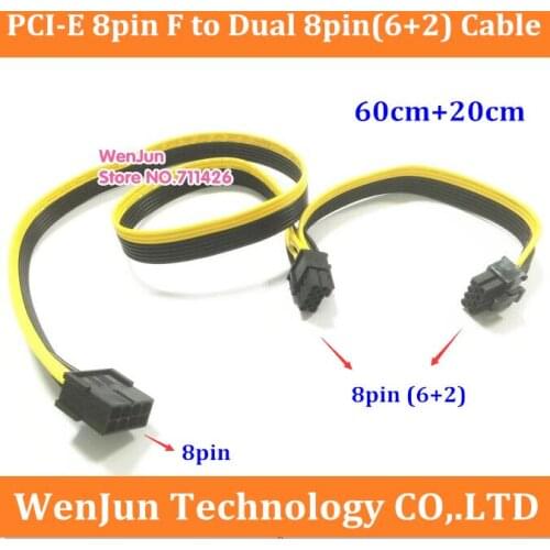 60cm+20cm PCI-E 8Pin Female to Dual 8(6+2)pin Power Supply Adapter Cable for video graphic card 8pin ribbon cable Sent by DHL
