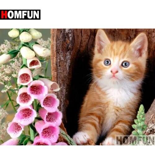 HOMFUN Full Square/Round Drill 5D DIY Diamond Painting "Cat flower" Embroidery Cross Stitch 3D Home Decor Gift A11988