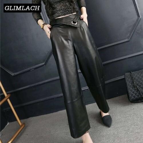 Real Leather Loose Wide Leg Pants Women Fashion Streetwear 2019 Spring Autumn Sheepskin Trousers Female High Quality Large Size