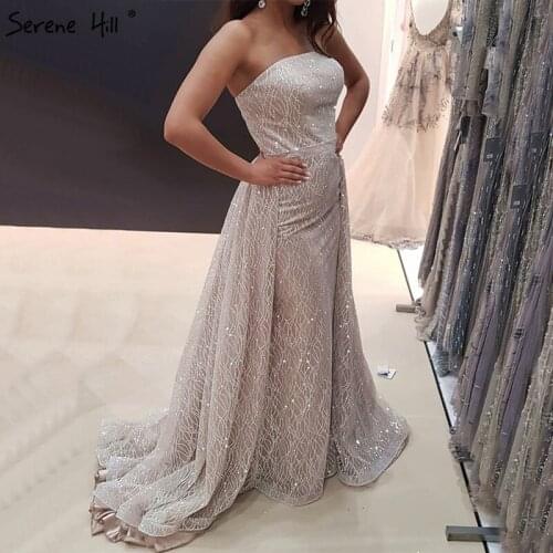 Elegant Strapless Silver Glitter Ruffles Evening Dresses 2020 New Fashion Dubai Long Formal Party Gown Robe De Soiree BLA6657
