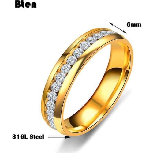 Bten Elegant Finger Jewelry Gold Band Stainless Steel Rings Womans Wedding Full Clear Stone Crystal Rings for Women Lady Gift