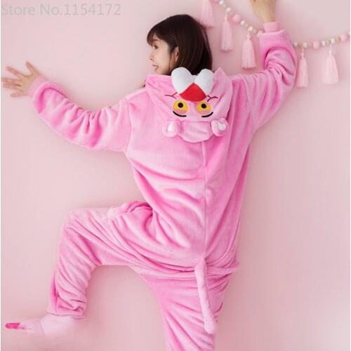 Kigurumi Long Sleeve Hooded Pink Panther Onesie Women Flannel Kigurumi For Adults Whole Onepiece Animal Pajamas Kugurumi