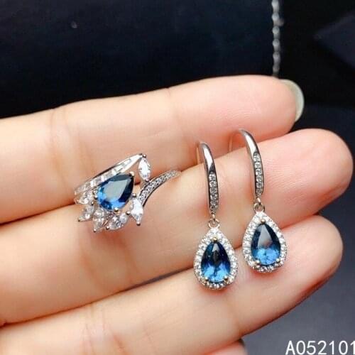 KJJEAXCMY Fine Jewelry 925 sterling silver inlaid natural blue topaz girl luxury earring ring set support test Chinese style