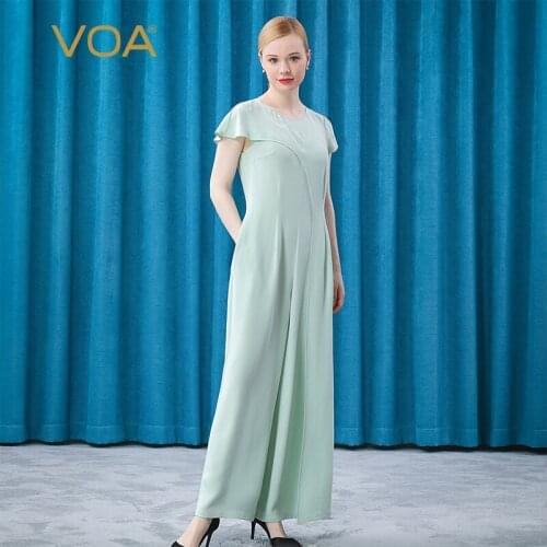 VOA Light Green Silk Heavy 30m/m Sleeve Round Neck Asymmetric Ruffled Spliced Wide Leg Jumpsuit KE307 Pants Women