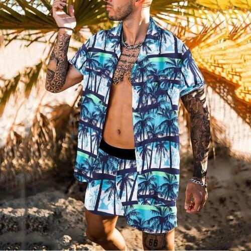 Fashion Hawaiian Print Short Sleeve Shirt Set Mens Beach Coconut Print Shorts Mens Daily Beach Shirt Set Two-piece S-3XL