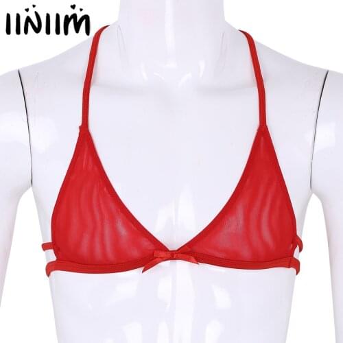 Mens Sissy Lingerie Panties Sheer Lace Transparent Y-shape Back Wire-free Unlined Gay Triangle Bra Top Sexy Underwear Nightwear