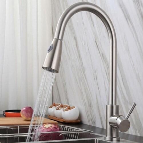 Swivel 360 Degree Kitchen Faucet Single Hole Pull Out Spout Kitchen Sink Mixer Tap 304 Stainless Steel Brushed kitchen tap