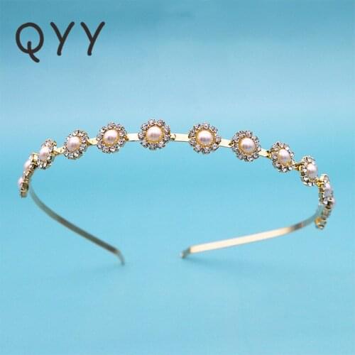 QYY Gold Color Crystal Flower Tiaras and Crowns Hairbands for Women Newest Pearls Bridal Wedding Hair Jewelry Headpieces Gifts