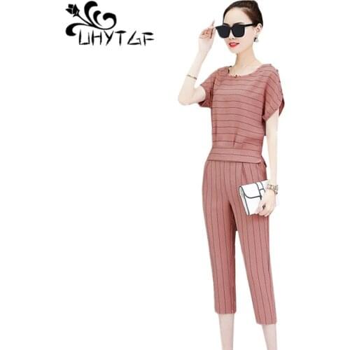 UHYTGF Women clothing sets summer two peice set for women fashion striped casual tracksuit short sleeve elegant Female sets 942