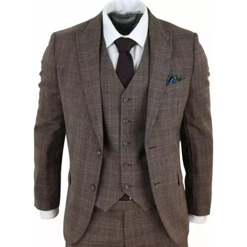 Spring Brown 3 Pieces Set Mens Suits For Wedding Peaked Lapel Houndstooth Blazer+Vest+Pants Customized Costume Homme Marriage
