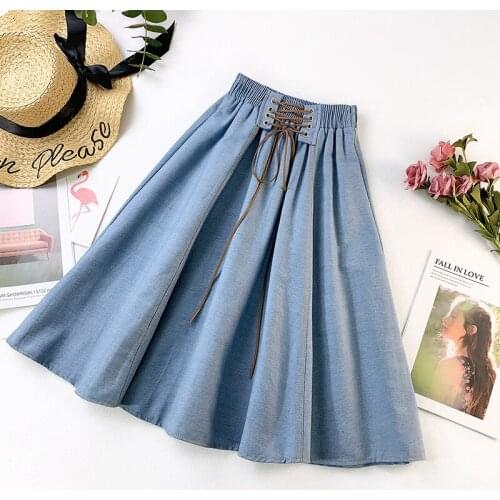 2020 Summer New Arrival High-waist Denim Skirt Slim A-Line Large Pendulum Saias Na Altura Do Joelho Lace-Up Waist Free Shipping