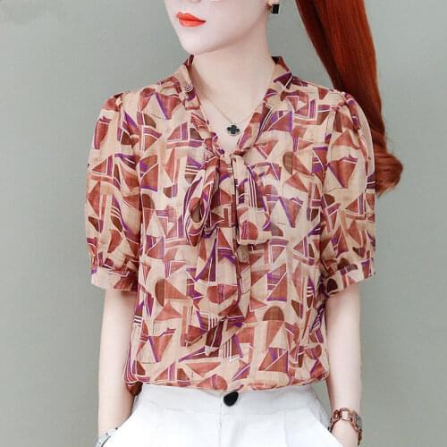Womens Spring Summer Style Chiffon Blouses Shirt Womens Bow V-neck Printed Short Sleeve Korean Elegant Tops DD8653