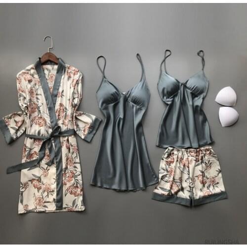 Summer Satin 4 pieces Robe Sets Faux Silk Kimono Pajamas For Women Flower Print Sexy Plus Size Nightgowns Sleepshirts Lounge Set