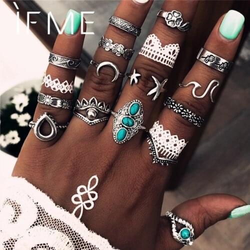 IF ME Bohemian Flower Blue Stone Rings Set for Women Silver Color Geometric Vintage Leaf Star Moon Rings Jewelry Party Gifts New