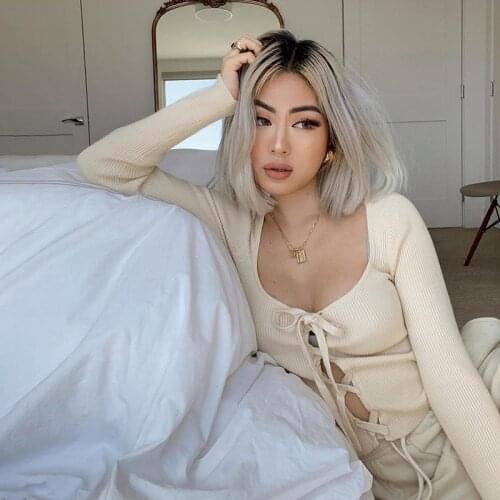 Woman autumn crop top knitted long sleeved square collar lace up hollow out pullover t shirts female pullover mulher camisetas