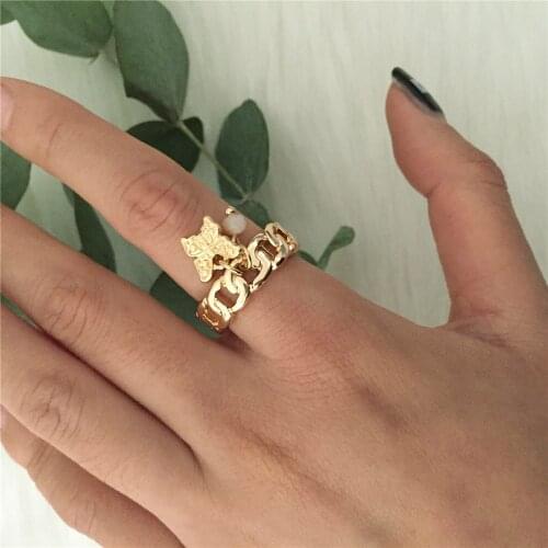 Girly New Arrivals Gold Color Plating Lovely Charm Heart Butterfly Chunky Ring Statement For Women Girl Party Dinner Accessory