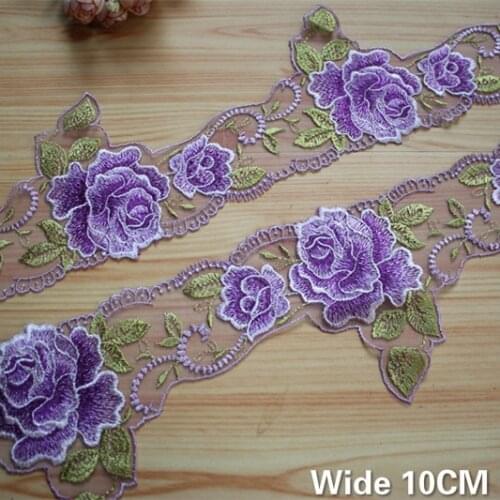 10CM Wide Tulle Mesh Purple Cotton Embroidery Rose Flowers Lace Ribbon Headscarf Clothing Apparel DIY Material Home Sewing Decor
