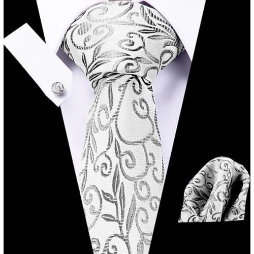 Silver Floral 3" 100%Silk tie Slim Skinny Narrow Men Tie Necktie Handkerchief Pocket Square Cufflink Suit Set