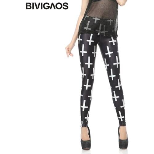 BIVIGAOS New Fashion White Cross Digital Printing Nine Pants Leggings Fitness Elastic Leggings Black Milk Leggings For Women