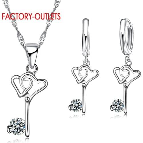 925 Cubic Zirconial Brand Love Heart Shape Pendant Necklaces Key Chain Summer Jewelry Set Wedding Bridal