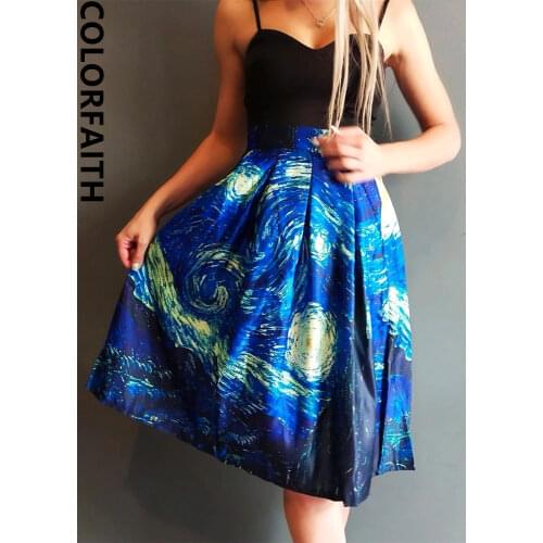 Fashion Satin Women Vintage Van Gogh Starry Sky Oil Painting 3D Print High Waist Skirt Rockabilly Tutu Retro Puff Skirt SK057