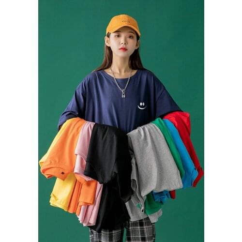 Smiley Print T Shirts for Women 2021 Summer Fashion Trends Basic Clothing Teenage Girls Loose Fit Graphic Tees Casual Streetwear