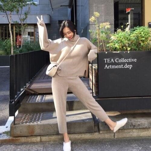 LLZACOOSH Women Turtleneck Warm Knit Tracksuit Fashion Split Knitted Loose Sweater 2 Piece Pant Set + Elastic Waist Pants Suits