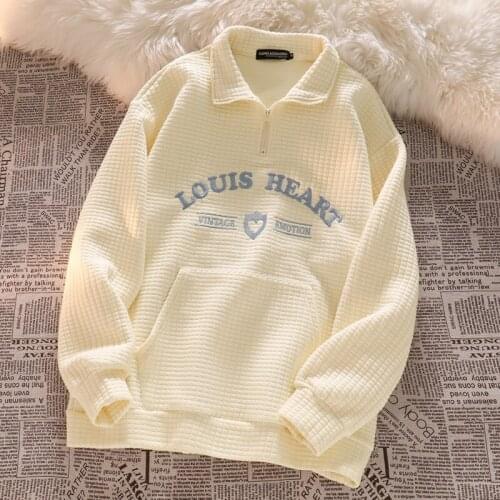 Creamy yellow waffle Polo lapel sweater women loose chic ins retro couple wear autumn thin top