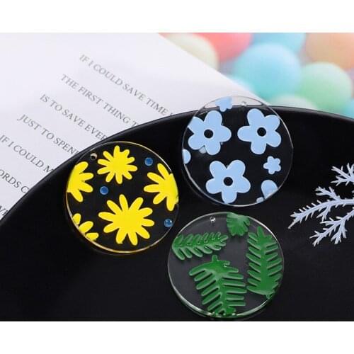 Summer style 30pcs/lot color flowers pattern print geometry Transparent rounds shape acrylic beads diy jewelry earring accessoy