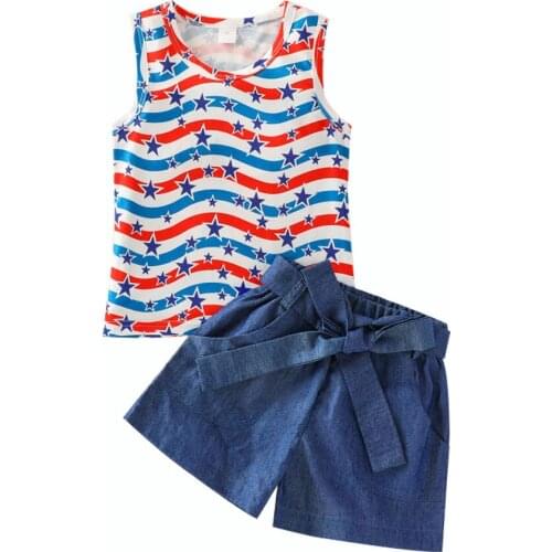 Summer kids Baby Girls clothes solid bow pocket shorts round neck sleeveless star print pullover vest 2pc lovely soft outfits