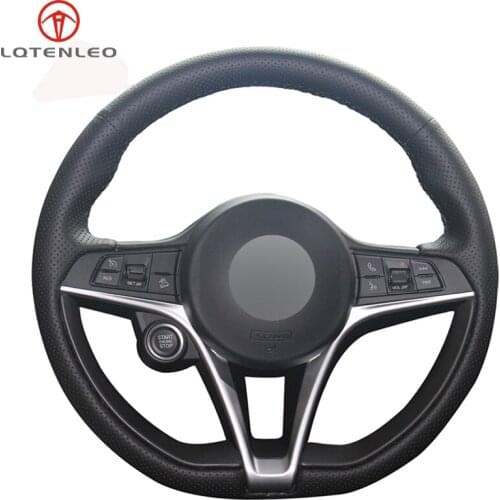 LQTENLEO Black Genuine Leather DIY Hand-stitched Car Steering Wheel Cover For Alfa Romeo Giulia 2016 2017 2018 Stelvio 2017