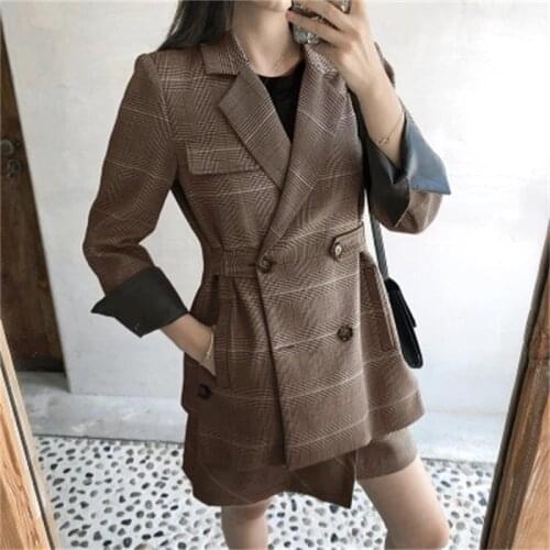 Fashion suit female New British style spring temperament casual double-breasted retro plaid small suit + short skirt two-piece