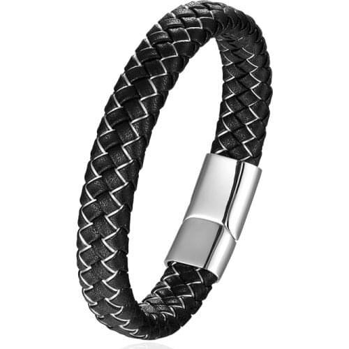 Hot Men Jewelry Punk Black Blue Genuine Leather Bracelet for Men Stainless Steel Magnetic Clasp Fashion Bangles Gifts Pulseira