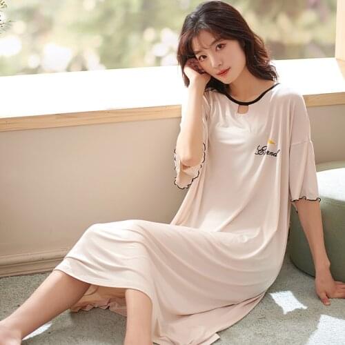 Fresh Summer Nightgowns Women Print Modal Loose Nightwear Shirt Long Dress Short Sleeve Comfortable Lady Sleepwear Nightdress