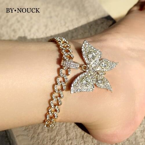 Punk Crystal Big Butterfly Pendant Cuban Ankle Chain For Women Shining Mimai Cuban Link Anklets Bracelet Statement Foot Jewely