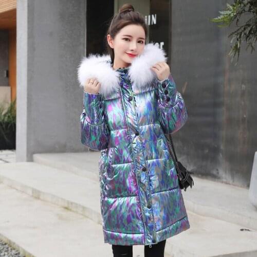 Laser Long Parka Womens Buttons Thick Warm Hooded with Fur Ladies Casual Solid Winter Jacket Coats Padded Outwear for Female