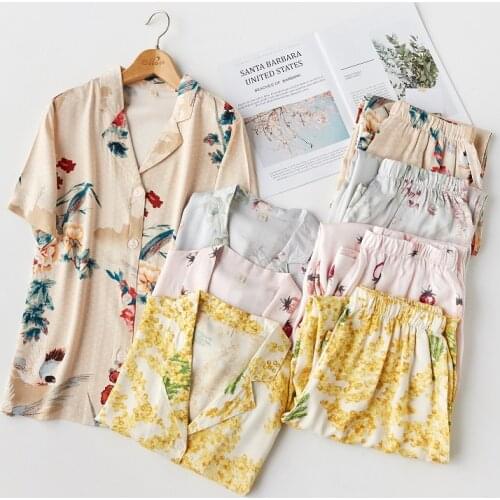 Summer Floral Print Viscose Fashion Womens Pajama Set Short Sleeve Long Pants Casual Sleepwear Suits Strawberry Cotton Pyjamas