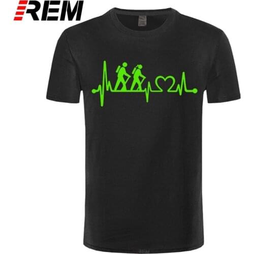 REM Fashion Men 3/4 Sleeve Tshirts Funny Hiker Couple Heartbeat Lifeline Cotton Homme Tee Shirt Clothes Tees Tops