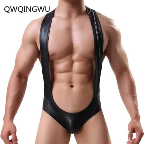 Sexy Men Undershirts Bodysuits One Piece PU Leather Jumpsuits Teddies Shapers Gay Men Underwear Leotard Nightwear Undershirt