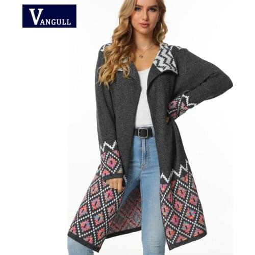 Vangull Fashion Plaid Long Cardigan Women Sweater Autumn Patchwork Knitted Turn-down Collar Sweater Female Loose Ladies Sweater