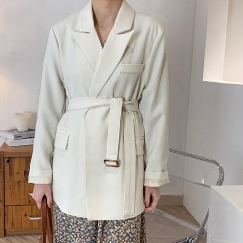 Spring 2021 Womens Suit Jacket Chic White Long-sleeve Strap Korean Version Loose Casual Blazer Office Lady Female