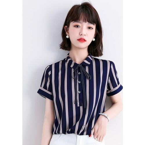 Striped Chiffon Korean Fashion Summer WomenS Clothing Short Sleeve Vintage Shirts Blouses Top New Vetement Femme 2021 Female