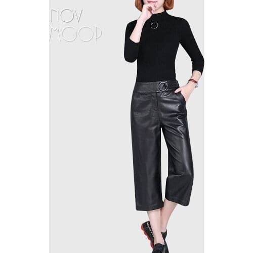 Women black genuine leather real lambskin high waist wide pants trousers cropped plus size broeken ropa pantalones mujer LT2358